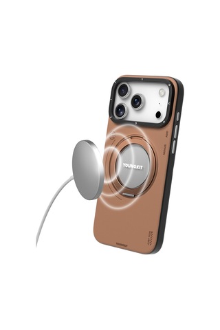 Apple Uyumlu iPhone 17 Pro Kılıf M-safe 360 Standlı Basit Mat Deri Desenli Youngkit Tech Leather Seri Kahverengi Kahverengi