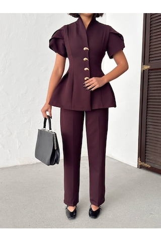 Modadua Gold Düğme Detaylı Peplum Kesim Şık Kadın Takım Mürdüm