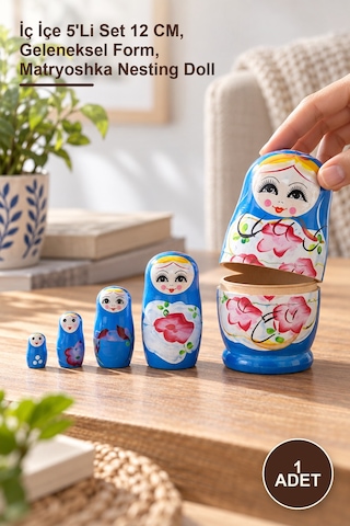 1 Adet Ahşap Matruşka İç İçe 5'li Set 12 Cm, Geleneksel Form, Matryoshka Nesting Doll