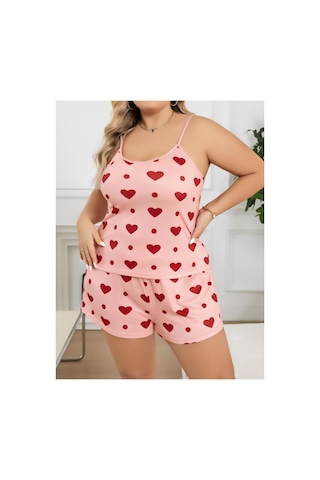 Lily Bianca Nightwear Desenli Askılı Ve Şortlu Büyük Beden Penye Gecelik Turuncu