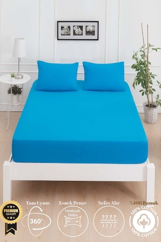 Mirava Premium %100 Pamuk Penye Lastikli Tek Kişilik Çarşaf Takımı 1 Yastık Kılıfı Dahil Turkuaz 100x200cm Turkuaz