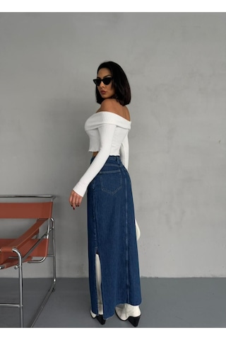 Zeo Basic Yanlardan Yırtmaçlı Jean Maxi Etek Mavi