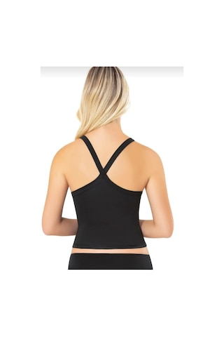 Lucien Vela Basic Siyah Crop Bustiyer Yuvarlak Yaka Sırtı Çapraz Askılı Metal Detaylı Siyah