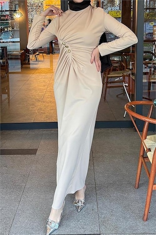 Neşeli Butik Kadın Likralı Düğme Detaylı Tesettür Elbise Nms046 Bej