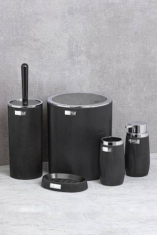 Okyanus Home Siyah Kromlu Çizgili Yuvarlak 5'Li Banyo Seti Siyah