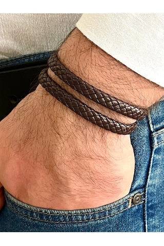%100 Deri Yılan Sarmalı Dolamalı Erkek Bileklik Net 40 Cm Türk El Üretimi Kahverengi
