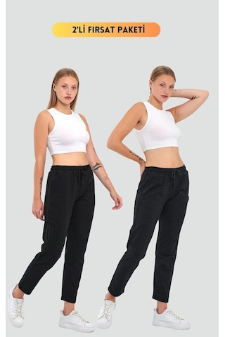 Kadın Siyah-antrasit Regular Fit Düz Paça Beli Lastikli Bağcıklı 2'li Eşofman Altı 001