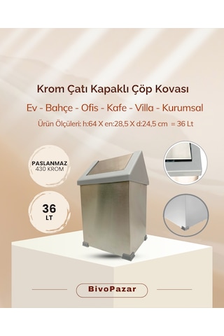 Krom Sallanır Çatı Kapaklı Çöp Kovası 36 Lt Krom