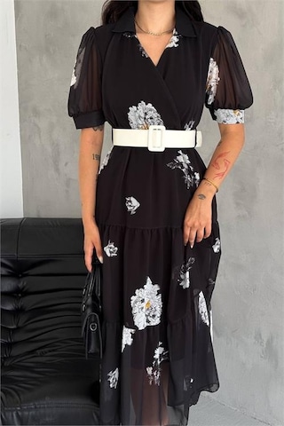 Dip Moda Kadın Kemerli Gömlek Yaka Desenli Şifon Elbise Nbq011 Siyah