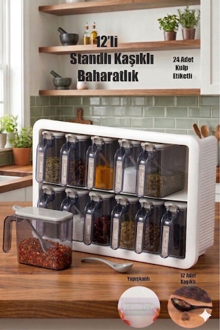 Random Standlı 12 Li Kendinden Yapışkanlı Kaşıklı Kapaklı Etiketli Baharatlık Latte Açık Gri