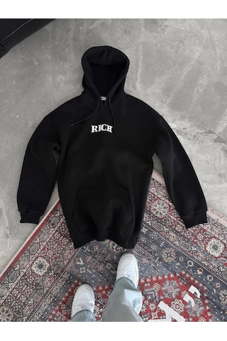 Etiler Collection Uzun Kol Kapşonlu Göğüs Baskılı Sweatshirt - Siyah