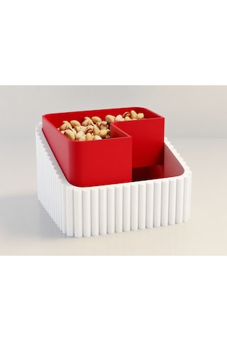 3d Baskı Fıstık Kasesi - Çift Hazneli Kabuk Ayırıcı Sunum Kasesi - Beyaz Kırmızı