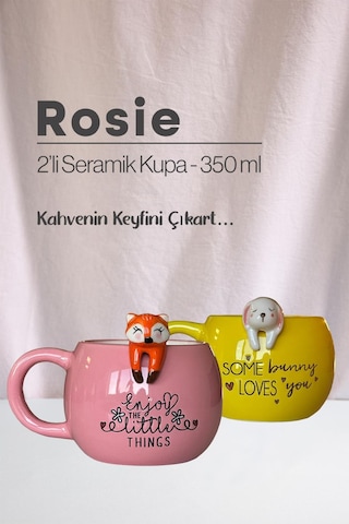 Tilki Ve Tavşan Figürlü Seramik Kupa 350 Ml Beyaz