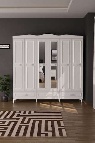 Luna 6 Kapaklı 3 Çekmeceli Aynalı Gardırop Beyaz