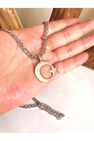 Ay Yıldız Türk Bayrağı Paslanmaz Çelik Kalın Zincirli Kolye 65cm Silver