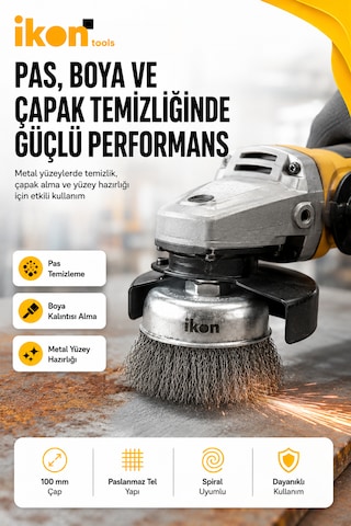 İkon Tools Paslanmaz Saçaklı Çanak Fırça 100 Mm M14x2 Spiral Uyumlu Pas Boya Çapak Temizleme Fırçası