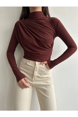 Kadın Büzgü Detaylı Dik Yaka Sandy Bluz Kahverengi