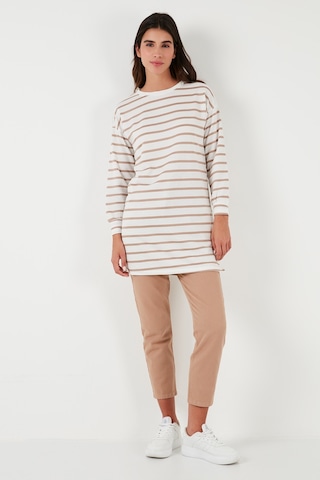 Lela Modest Çizgili Pamuklu Regular Fit Bisiklet Yaka Bayan Tunik 5865784 Bisküvi