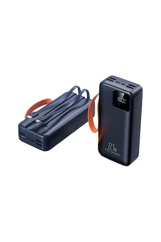 30000mah Powerbank 22.5w Hızlı Şarj Özellikli Type C Ve Lightning Kablolu Pd Taşınabilir Şarj Aleti Siyah