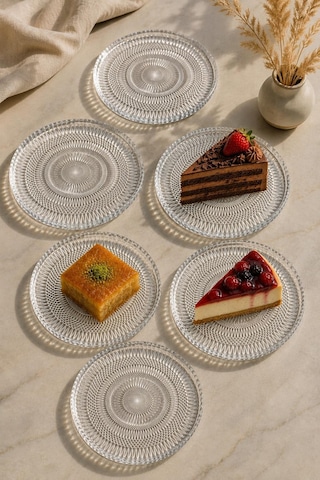 6'lı Cam Pasta Ve Tatlı Servis Tabağı Seti 16 Cm Desenli Şeffaf Sunum Tabağı
