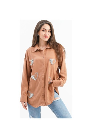 Taşlı Kalp İşlemeli Keten Gömlek - Vizon-vizon Vizon