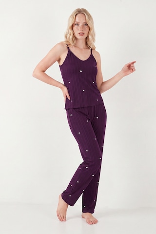 Lela Askılı V Yaka Lastikli Bel Fitilli Pijama Takımı Bayan Pijama Takımı 65780604 Mürdüm MÜRDÜM