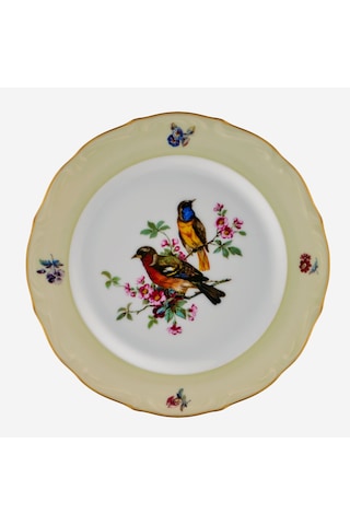 Yeşil Kuşlu Ekru Porselen Pasta Tabağı 19 Cm