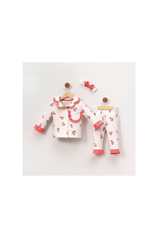 Bebegen Kız Çocuk Ekru Pembe Lale Desenli Fırfırlı Bandanalı Pijama Takımı Çok Renkli