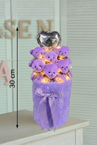 Kadınlar Gününe Özel: Deluxe Led Işıklı Mor Peluş Silindir Kutuda, Kalpli Balonlu 6 Lı Mor Ayıcık Buketi - Sevdiğine Hediye