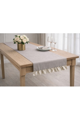 Faralya Life Ekose Fırfırlı Runner 45x140 Cm Pamuklu Masa Runner Dekoratif Masa Örtüsü Koyu Gri