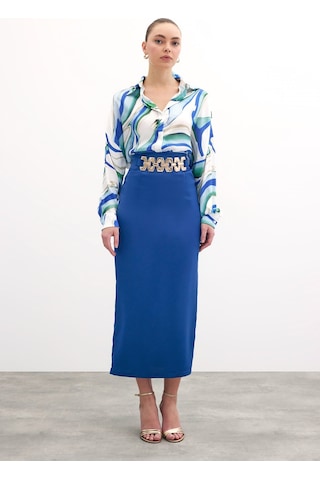 Sateen Gold Aksesuarlı Uzun Etek - Saks Mavi-135888 Saks Mavi