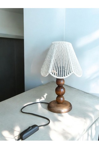 Makrome El Yapımı Bohem Ahşap Ayaklı Rustik Abajur Yatak Odası Salon Kafe Beyaz