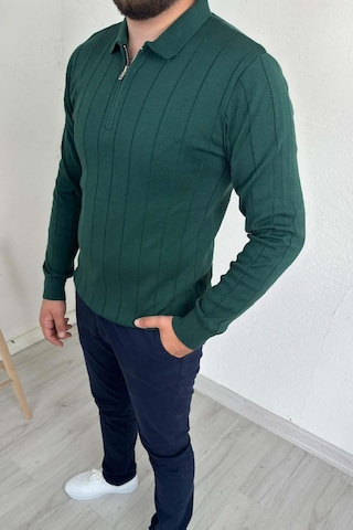 Explode - Erkek Yeşil Çizgili Fermuarlı Polo Yaka Triko Kazak Yeşil
