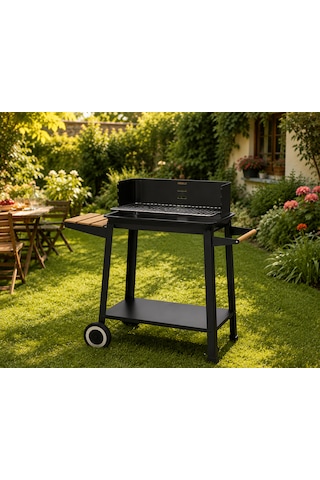 Tekerlekli Kömürlü Barbekü Mangal 83x40,5x86,3 Cm Bambu Yan Masalı, Krom Izgaralı, Bahçe Ve Balkon İçin Siyah