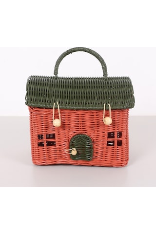 Mylamp Renkli Ev 23x20x13 Cm. Rattan Ev Dekoratif Çanta- Sepet Yeşilkırmızı