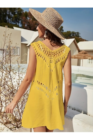 Zarif Tığ İşi Şık V Yaka Kolsuz Yarı Transparan Plaj Elbisesi Sarı