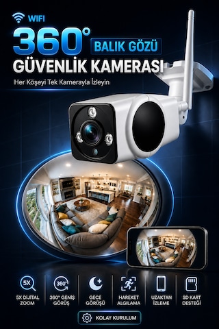 3mp Wifi Full Hd Kablosuz İç Ve Dış Mekan Balık Gözü Sd Karta Kayıt Yapan Telefondan İzleme Yapılabilen Güvenlik Kamerası