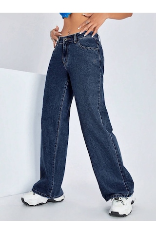 Straight Kadın Denim Pantolon Koyu Yıkamalı Mavi