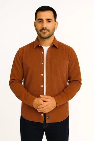 Erkek Fitilli Kadife Cepli Gömlek Oversize Rahat Kalıp - Kahverengi Kahverengi
