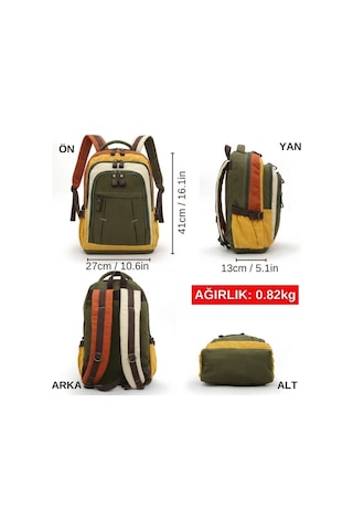 4022 Haki Krem Sarı Vintage Sırt Çantası, 15.6 Inç Bilgisayar Bölmeli, Geniş Hacimli Hakiki Deri Detaylı Pamuklu Okul Ve Yeşil Krem Sarı