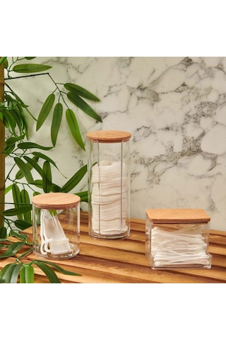 Ahşap Kapaklı 3'lü Organizer Set, Modern Pamukluk Düzenleyici Şık 3'lü Pamukluk Set - Şık Ve Fonksiyonel Ahşap Kapaklı 3'lü Organizer Set - Mutfak Ve Banyonuzu Düzenleyin Siyah