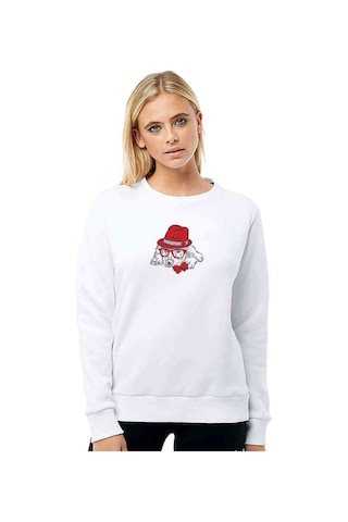 Kırmızı Şapka Ile Köpek Yay Ve Baskılı Beyaz Kadın Sweatshirt