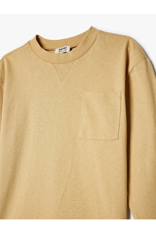 Koton Oversize Basic Tişört Cepli Uzun Kollu Bisiklet Yaka Pamuklu Bej 5wkb10407tk Ekru