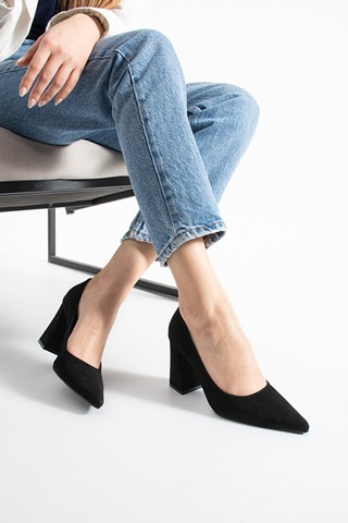 Dericia Shoes Victory Kadın Hakiki Deri Süet Yüksek Kalın Topuklu Ayakkabı Siyah
