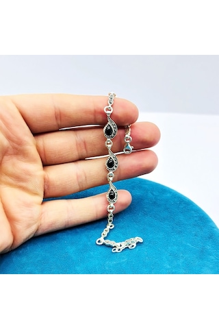 Damla Model Margazit Oltu Taşı Tasarım 925 Ayar Gümüş Bileklik Siyah - Gümüş