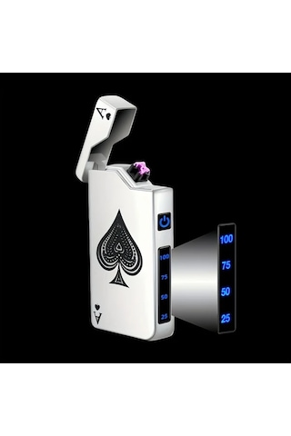 Techbloom Silvery A Rüzgar Geçirmez Çift Ark Çakmak Usb C Şarjlı Çakmak Maça Ası Tasarımı Kamp Hediye Açık Gri