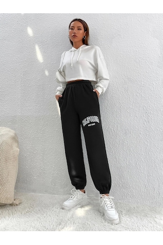 Unisex Rahat Kalıp California Baskılı Paçası Lastikli Eşofman Alt Siyah