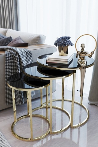 Usta Mekan Gold Metal Zigon Sehpa Kırılmaz Temperli Siyah Cam Altın