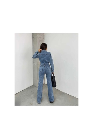 Kene Jeans Uzun Ceketli Taş Yıkama İspanyol Paça/flare Esnek Denim Tulum Taş
