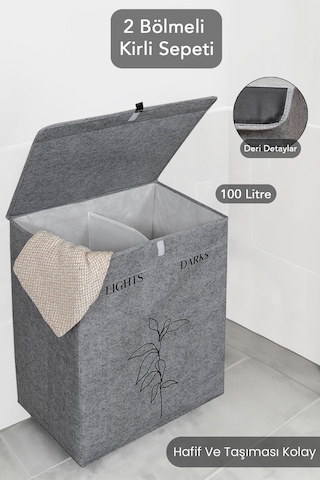 Meleni Home Keçe Deri 2 Bölmeli Çamaşır Kirli Sepeti Çok Amaçlı Katlanır Oyuncak Saklama Hurcu Gri 53x33x60 Cm Diğer